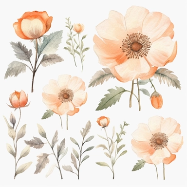 Watercolour clipart of a light peach color, burnet rose blossom theme, vintage effect, high quality, soft and muted colours, bright white background, 8k, f1