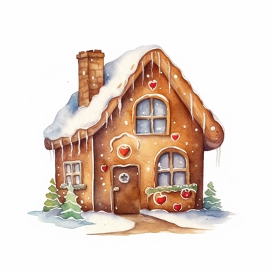 basic watercolor gingerbread house cookie in minimal hand drawn style, Etsy, textured, clipart, white background