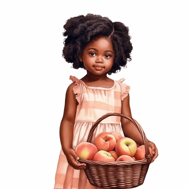 hyperrealism clipart , little black girl wearing a dress holding a basket of peaches , white background, watercolor style, farmhouse chic, tempera clipart