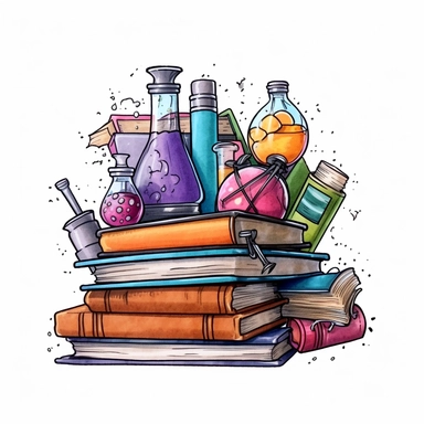 cartoon chemistry book drawing, illustration clipart, detailed, black outline, white background, digital art, watercolor