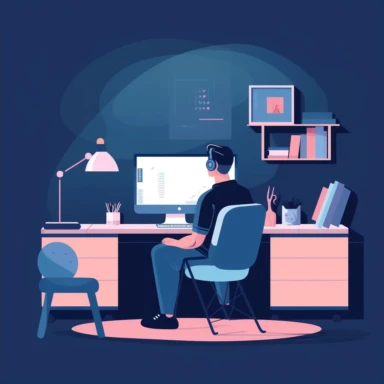 vector illustration of a man using a computer and watching TV at the same time, isolated on a dark blue background, clipart, soft blue color palette