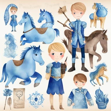 A watercolor collection by Penelope Whimsy, showcasing a playful and heartwarming clipart set of blue fairy tale prince characters in 5 diverse hair and skin colors, complemented by delightful details such as a shield, horse, dragon, prince crown, castle, knights, and armor, great for designing invitations, planner stickers, party printables, and embroidery projects. clipart