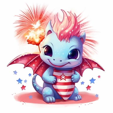 illustration of cute pink baby dragon in red white and blue american flag colors, flying in the air and celebrating 4th of july with fireworks, clipart svg, white background