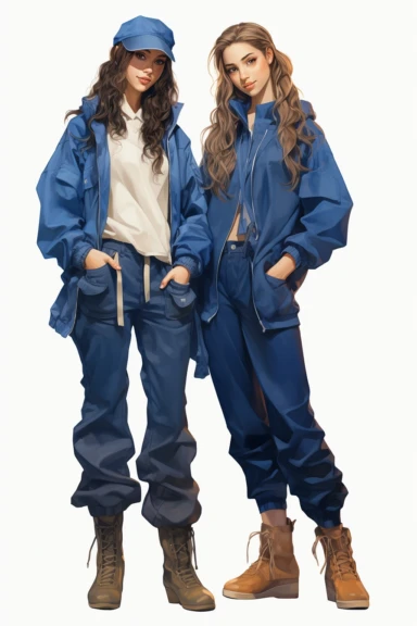 two fullbody women on their backs , wearing blue pants and jackets, clipart
