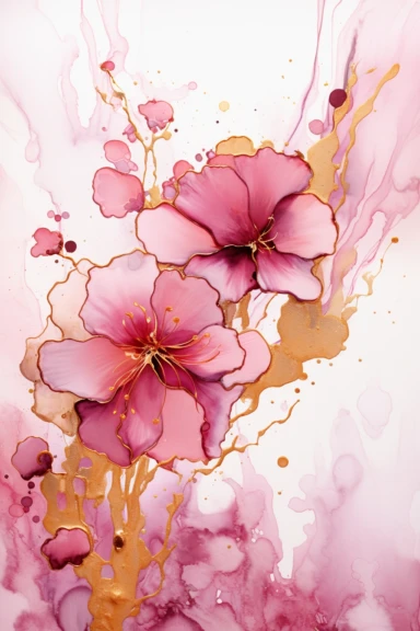 beautiful gorgeous alcohol ink of gold serene nature scene with a central focus on a pink leopard, gentle wave , minimalist style, crystals, glam, glossy, glitter texture, liquid ink clipart, modern and stylish design, bright colors, 300 dpi, clear decoration, clear white background, highly detailed digital art, 8k