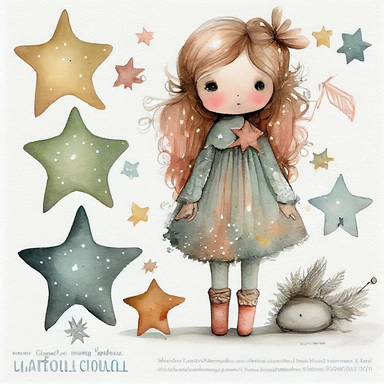 A watercolor painting of star collection, christmas, cute detailed digital art, inspired by nicoletta ceccoli, by Kubisi art, whimsical and cute, by nicoletta ceccoli, cute detailed artwork, glimmering, adorable and whimsical, whimsical art, Clipart style, png style, svg style, blank white background, a solid white background