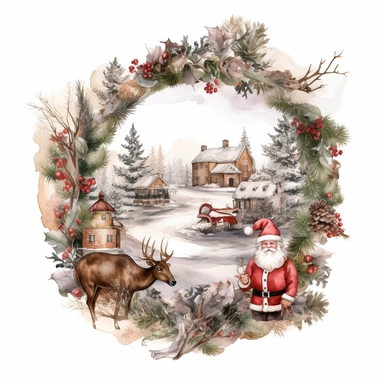 vintage design, advent wreath around, christmas theme watercolor santa claus with a big sack filled with gifts Clipart Collection in beautiful winter landscape, advent wreath around, christmas theme, detailed, isolated, white background, one pattern