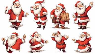 clipart happy santa claus, multiple poses and expressions, white background, folk art style
