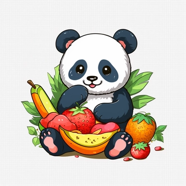 Clipart of a cute panda eating fruits kawaii style full multicolor white background