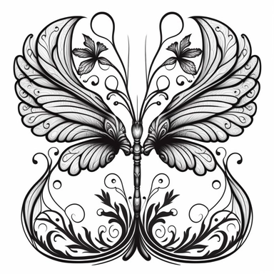 symmetrical dragonfly style fairy wings in art nouveau style, black lines, detailed, flat design, flat flowers embedded into the wings, white background, clipart style, black and white,