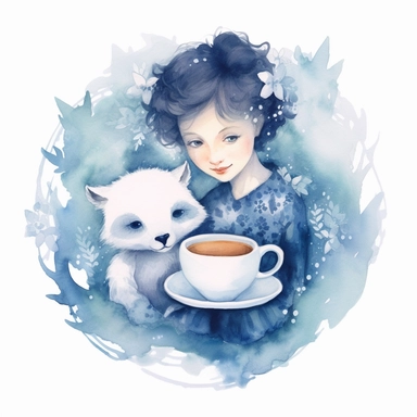 cute adorable drawn circular design watercolor illustration with mom animal and her kid drinking tea together on the white background, adorable, cutem sweet, clipart, highly detailed