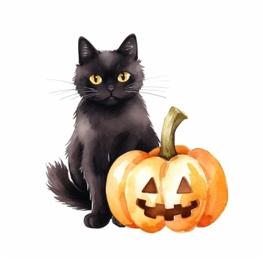 Watercolor clipart cute black cat on pumpking white background
