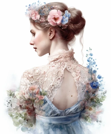 watercolor mixed media portrait of rear view a beautiful and feminine flower gardener, decorated with forget-me-nots and summer flowers and magic crystals, lace and embroidery, masterpiece by Edouard Bisson style and by Tom Bagshaw style, Village fashion, PNG clipart, isolated on white, extreme photorealistic details, 32k HD resolution, realistic high detailization high resolution