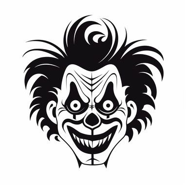 black and white silhouette of a scary cartoon halloween clown monster, clipart style, white background, thick lines, vector, simple design, flat colour, solid colour, halloweencore
