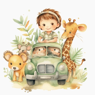 Watercolor clipart, A super cute happy boy and safari animals, in a jungle jeep, illustration watercolor style, minimalistic, clipart, children's book illustration, hd, 16k, 4k, isolated white background, single design, single object, watercolor illustration by mark ryden, print on demand image, PNG transparent background, solid white background for Clipart