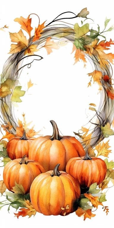round watercolor frame of pumpkins, clipart, white background. halloween theme