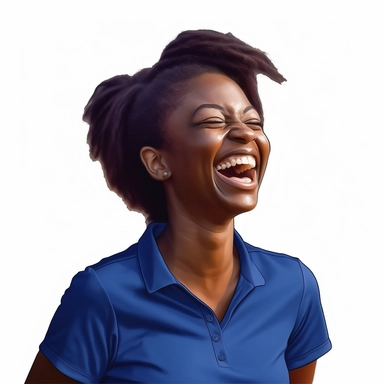 photo-realistic beautiful and physically fit African American woman, age 25, wearing a royal blue polo shirt, laughing at a very funny joke, waist level view on white background for vector clipart