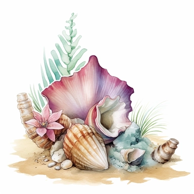 hand drawn sandy beach with a conch shell sitting in the sand, orchid bloom beside the conch shell, glamorous, clipart style, detailed and realistic, watercolor, white background with margins