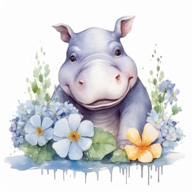 watercolor, hippo, flowers clipart