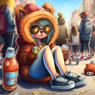 anthropomorphic Cute hooded female , fluffy fur and big eyes, long tail, wearing jeanz sitting in the middle of a crowded street, clip art, sunbathing, clip art, beer bottle by feet, sneakers shoes, anime,