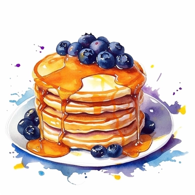 watercolour, clipart, breakfast, pancakes and syrup and blueberries