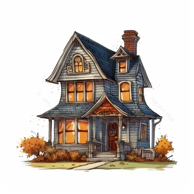 simple vintage house on halloween night, quaint and old, children's illustration style, 1930s era, isolated on white background, high resolution clipart
