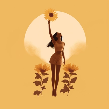 create a clipart aesthetic minimalist woman reaching a goal brown and light yellow shadows with flowers