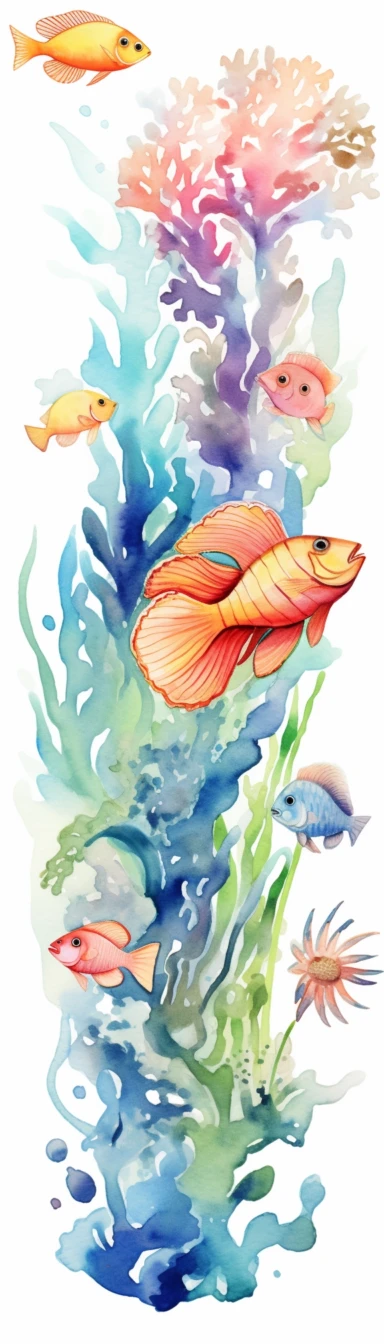 Clipart Tropical fish swimming among coral reefs, Watercolor, white background, vertical format