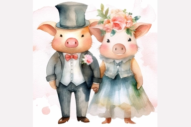 Watercolor clipart of pig in clothes, bride and groom style of Michael Thomas, HD on white backround