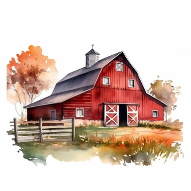 vector watercolor close up red barn in autumn clipart on white background, close up view, red barn in autumn colors, photorealistic, ultrarealisticno background, on whit