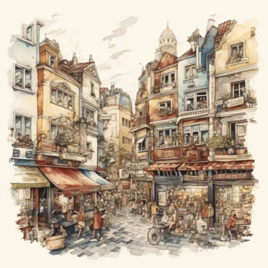 watercolor, hyper realistic, white background, white margins, 16k, ultra detailed clipart, cut out image, hand-drawn, whimsical sticker style a street in a bohemian neighborhood, with eclectic shops and cafes lining the way. The street is filled with people, some sitting outside drinking coffee, and others browsing the unique goods in the shops.