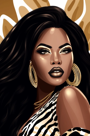 Cartoon Black Skin African American Clipart Plus size Beautiful Rich Woman Wearing zebra suit wearing gold jewelry having beautiful face long eyelashes and beautiful lips beautiful long hair confident confident wearing high heels no text