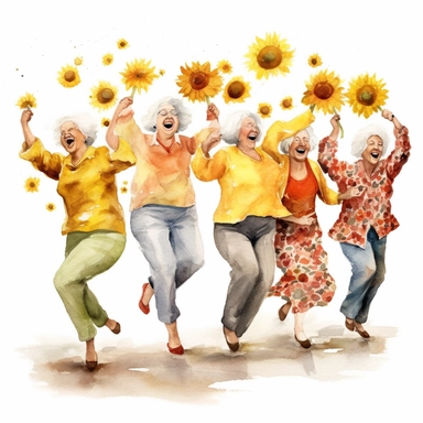 Watercolor Funny old ladies clipart . Women dancing,Sunflowers white background