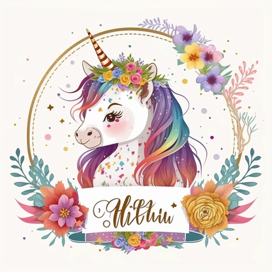 cute unicorn in chibi style with flowers in hair, colourful rainbow colours, well lite, with name plate ribbon with gold trim, watercolor clipart using procreate grain brush, svg white background