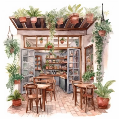 Italian vintage shop clipart, cozy, Watercolor, detailed, interior design, Italian cafe interior clipart, Italian cafe illustration, white background, no caption, no text