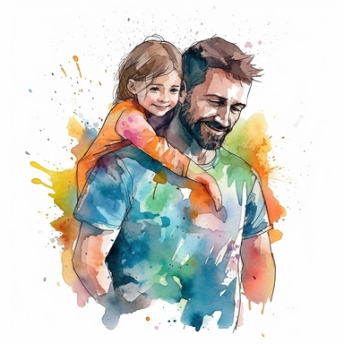 a middle aged father holding his 5 year old daughter, in the style of watercolor painting, clipart, vector, isolated on a white background