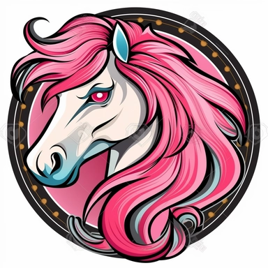 a vector style clip art image badge of a pony with a white body and a pink saddle and pink mane and pink tail : bold outlines : vibrant colors : vibrant : black outlines : detailed, adobe illustrator style, vector style t-shirt graphic