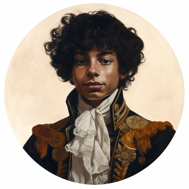 Martin Johanna's painting depicting a young African-American Persian boy duke regency military uniform orientalism noble caricature Finn Wolfhard Nicholas Hoult, Amoako Boafo Mad Max Lord of the Rings, handpainted punk zine indie retrowave film poster, clipart illustration, circle white background, circular border
