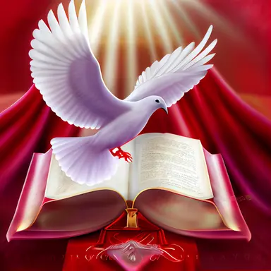 an open bible book with a white dove on top of it, a digital rendering, style blend of the vatican, clipart, confident personality, standing in front of the altar, flowing red colored silk, cgnation, deception, a full-color airbrushed, professional graphic design