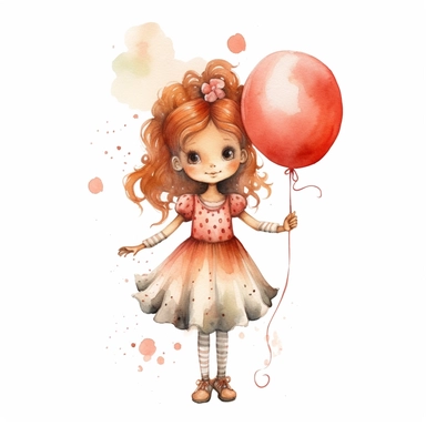 watercolor little princess clipart, red tone colors, big eyes, smiling, lovely, adorable, wearing crown, holding a baloon, full body, on white background