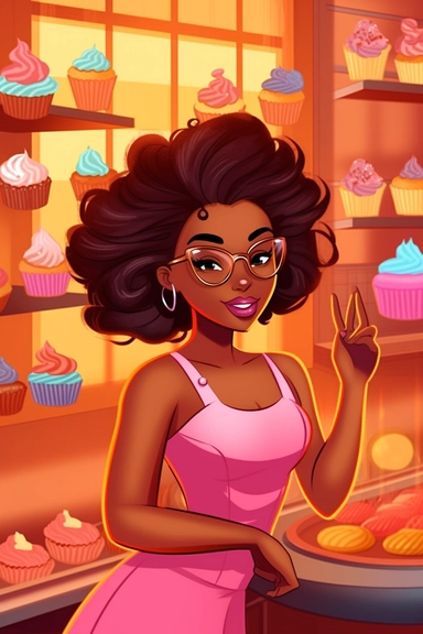 gorgeous sweet black woman, clipart, cartoon illustration, cupcake prodigy, christa mckenzie pose and head pose photos a new cupcake business website, in the style of vibrant bakery backdrops, synthetism-inspired, pop cultural, 32k uhd, smilecore, embroidery art, bold curves