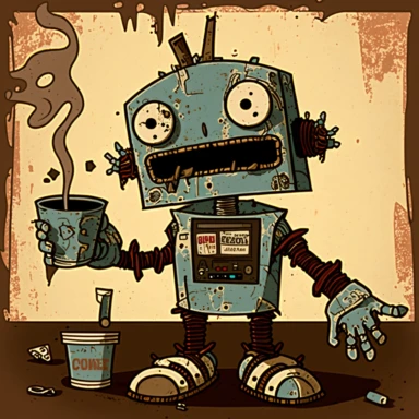 garbage pale kids format, pop surrealism digital art image of broken down, old, rusting, cartoonish, humanoid robot wearing tattered, McDonalds style uniform, made of human clothing. The robot is in an art style inspired by artists like Tara McPhereson, Nooligan, and Robin Eisenberg. To be used for digital clipart. Use dull, 1970's style, yellow, green, brown color scheme for the robot. The robot works at a fast food restaurant and is serving food from behind the counter of a fast food restauran