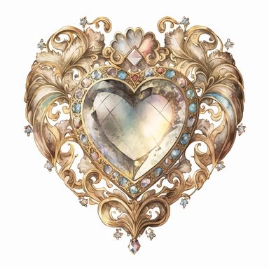 Gold Jewel Brooch with big clear diamond faceted heart shaped Gemstone, watercolour painting, detailed, intricate, white background, clipart