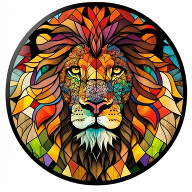 Stained Glass lion ornament,in the style of circular,bright dark colors,full colors,animated mosaics clipart on a white background, shutterstock contest winner, generative art, detailed painting, digital illustration, photoillustration isolated on white background, digital watercolor
