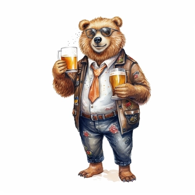 Cute Beautiful Daddy Bear Drink beer full body Sublimation Clipart,Cartoon,hyper realistic, intricate detail, illustration style,high solution,on the white background