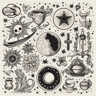 Set collection mystical celestial clipart symbol space doodle esoteric magic elements vintage illustration. HD, 2d