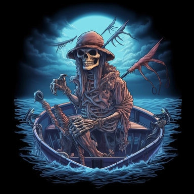 clipart of a skeleton fishing on a deep sea fishing boat
