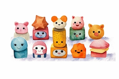 watercolor Cute and friendly erasers clipart, storybook style, HD, spaced out, isolated white background