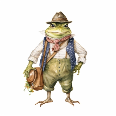 watercolor fairytale frog clipart, dressed as a farmer, where the intricate details and farm-inspired attire capture the essence of rural life, inviting imaginative tales and creative exploration, 8k, fantasy style, white background