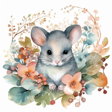mouse and flowers Watercolor Clipart Underwater World Watercolor Art Baby mouse Watercolor Cute Baby Animal Watercolor Clipart high quality, white background